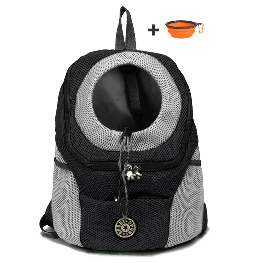 Pet carrier backpack with a small orange bowl on a white background