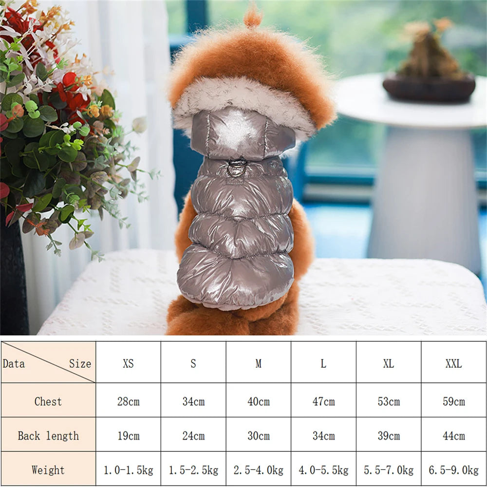 Dog wearing a silver puffer coat with fur hood indoors