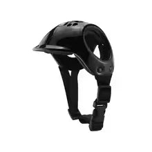 Black helmet with chin strap on a white background