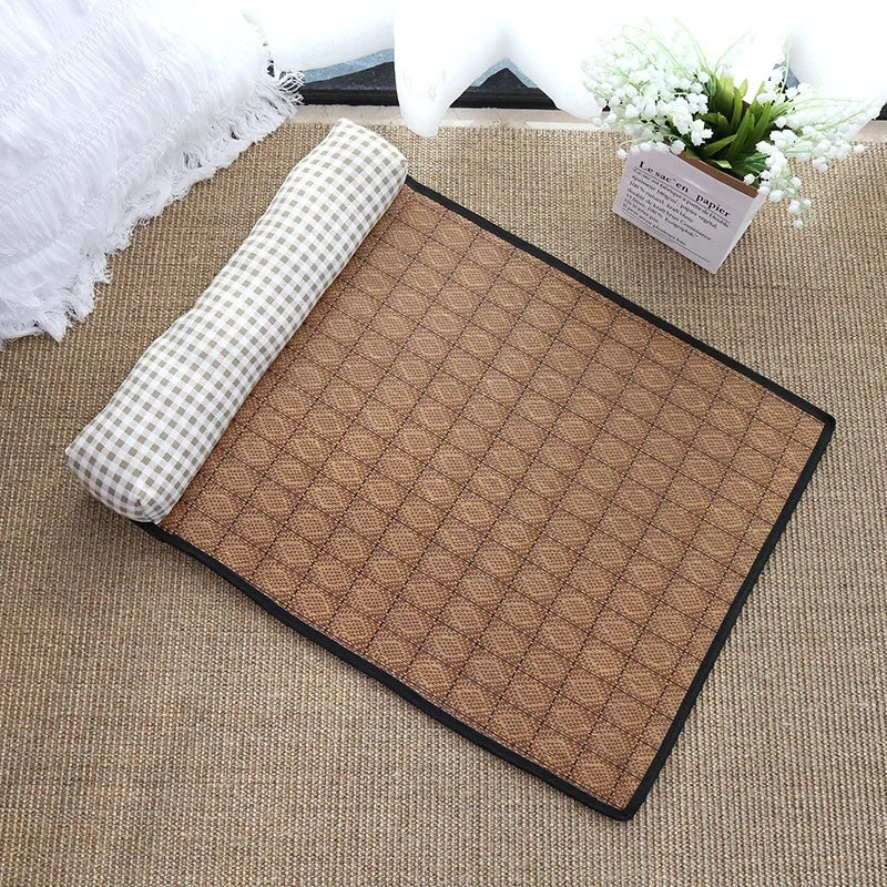 Brown textured mat with a checkered roll on a beige carpet