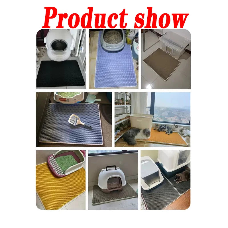 Collage of various pet products including a litter box, mat, and cleaning tools with text 'Product show' at the top.