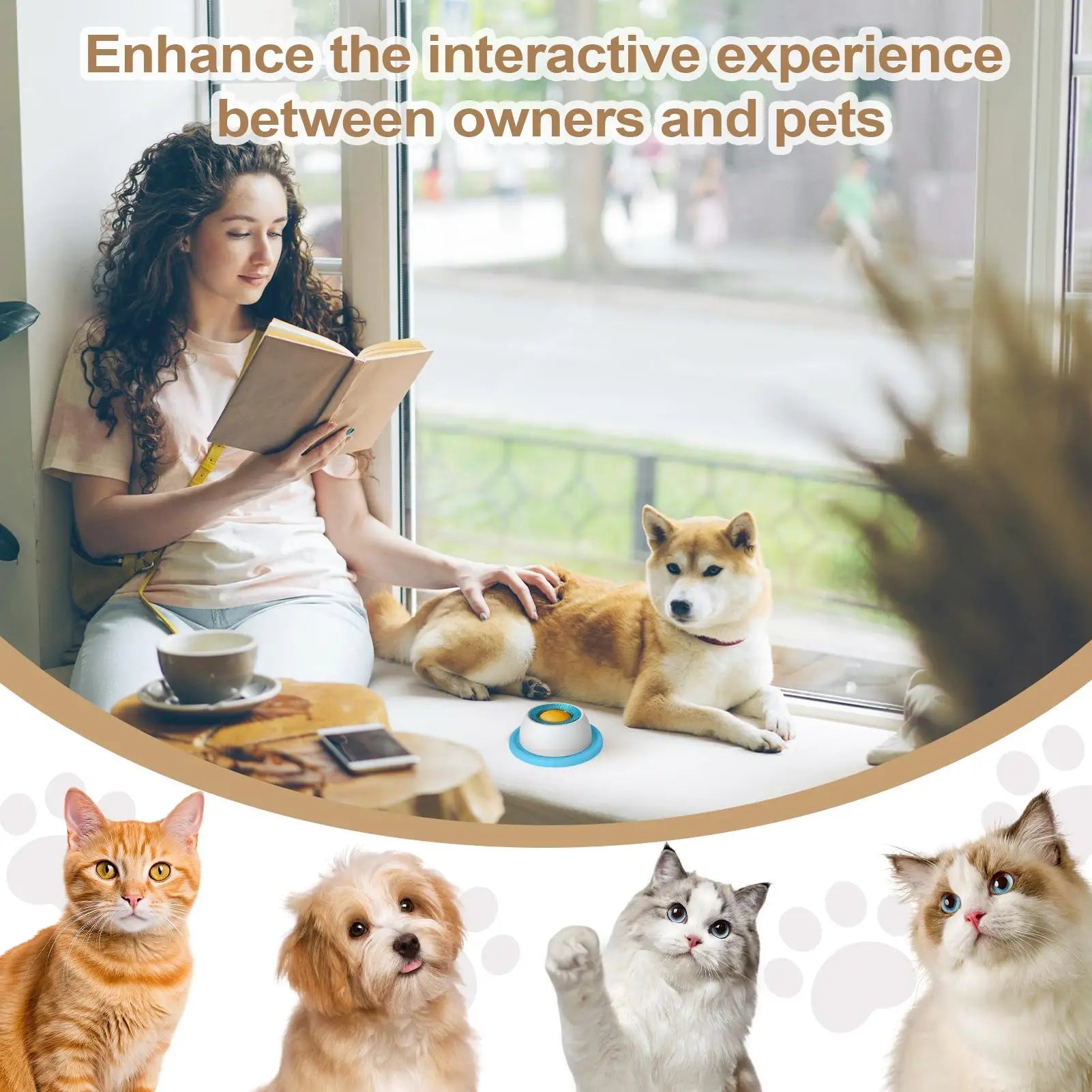 Woman reading a book with a dog on her lap, surrounded by images of cats and dogs.