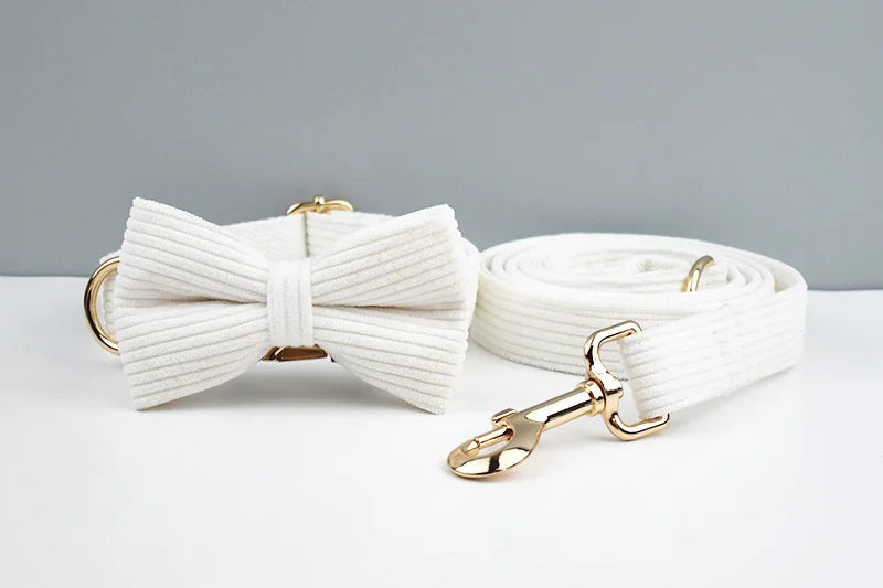 White dog bow tie and leash set with gold hardware on a light gray background