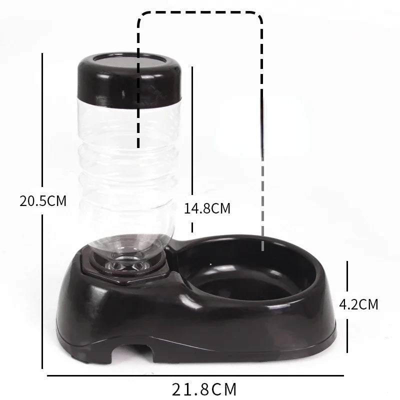 Black pet water bottle and bowl with measurements on a white background
