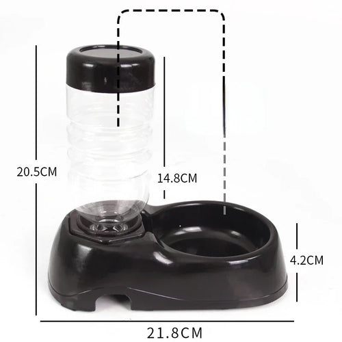 Black pet water bottle and bowl with measurements on a white background
