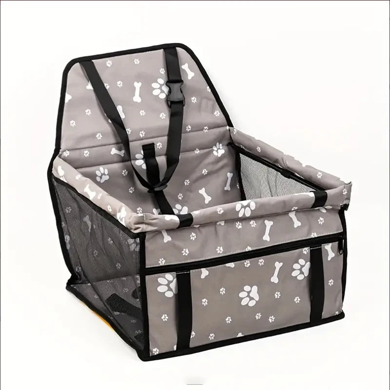 Pet carrier with paw and bone pattern on a white background