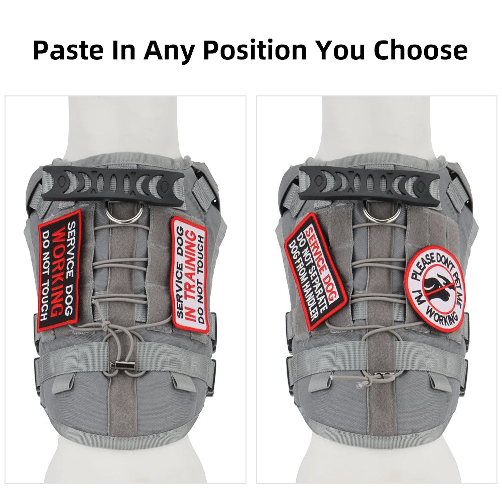 Gray dog harness with 'Service Dog' and 'Please Do Not Touch' patches on a white background.