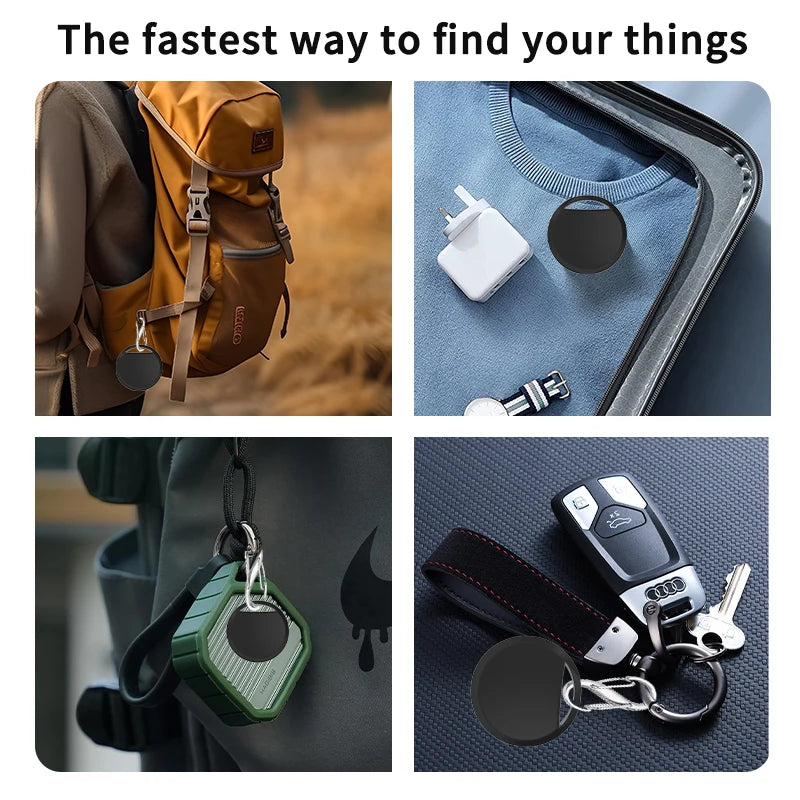 Collage of items with tracking devices attached, including a backpack, suitcase, keychain, and car key fob.