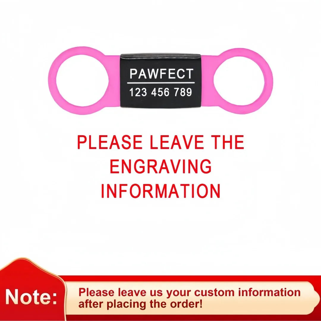 Pink dog tag with engraving information on a white background