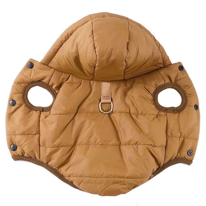 Brown quilted dog coat with leg holes on a white background
