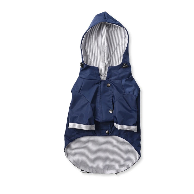 Navy blue raincoat with striped interior on a white background