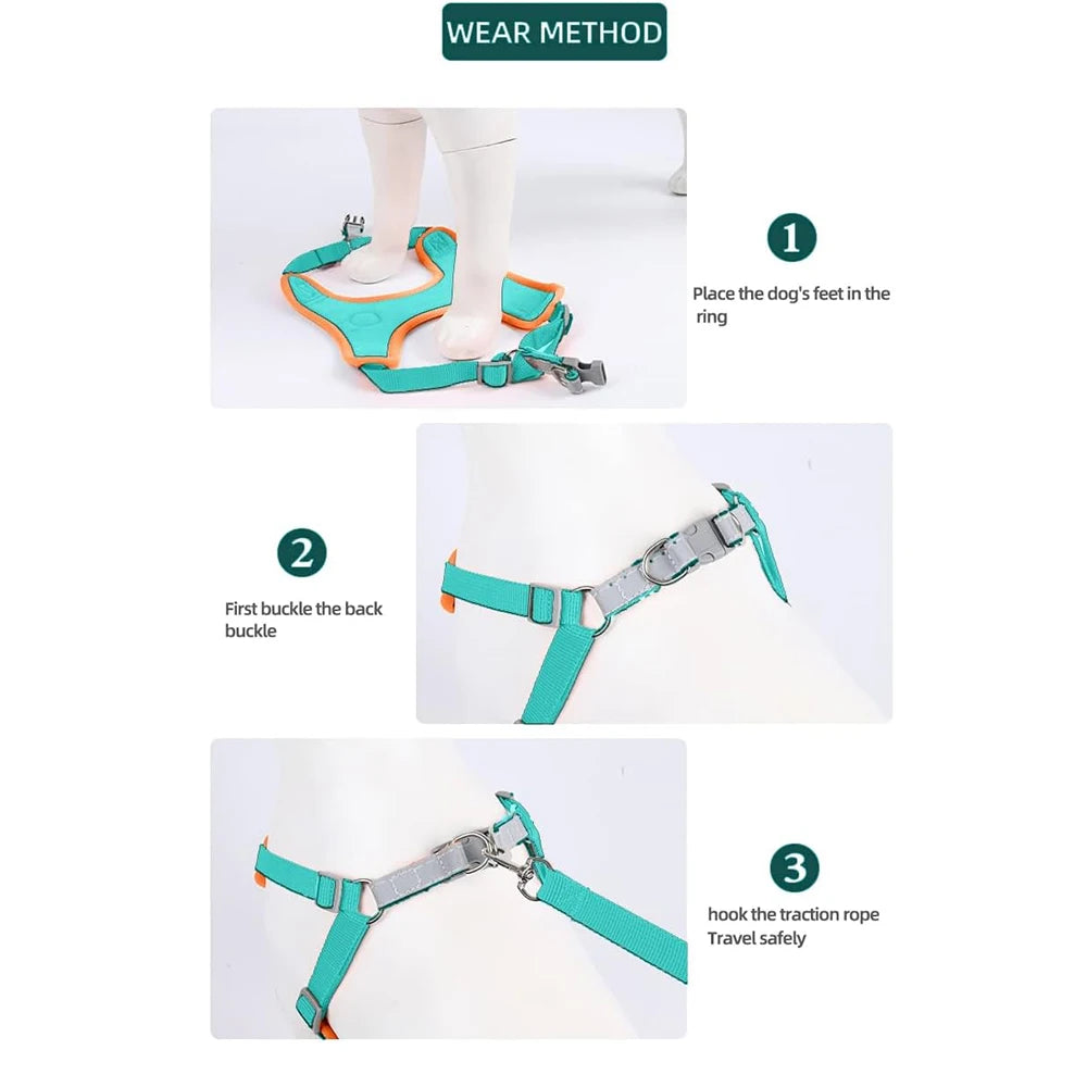 Instructions on how to use a pet harness with images and text.