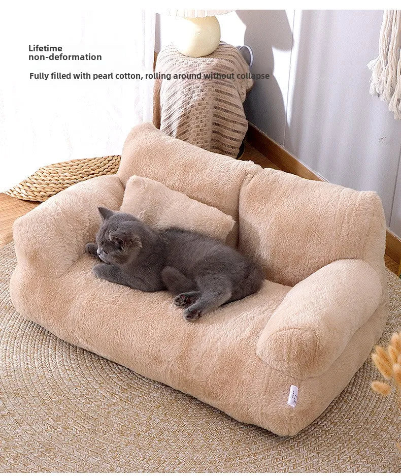 Beige pet bed with a gray cat lying on it in a cozy room.