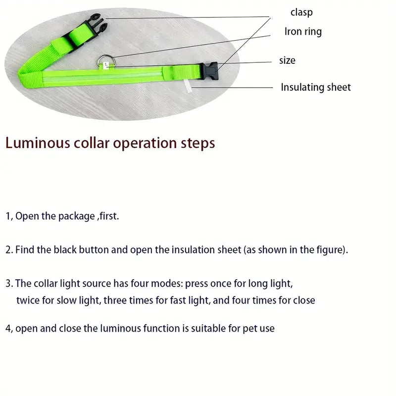 Luminous collar with labeled parts and operation steps on a white background