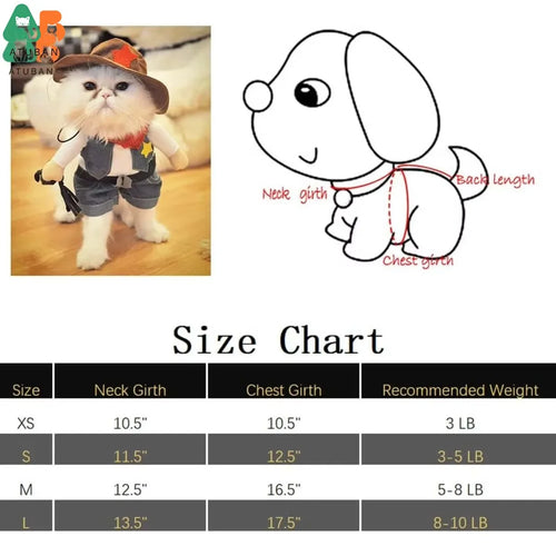 Size chart for pet clothing with a cartoon dog and actual cat wearing the outfit.