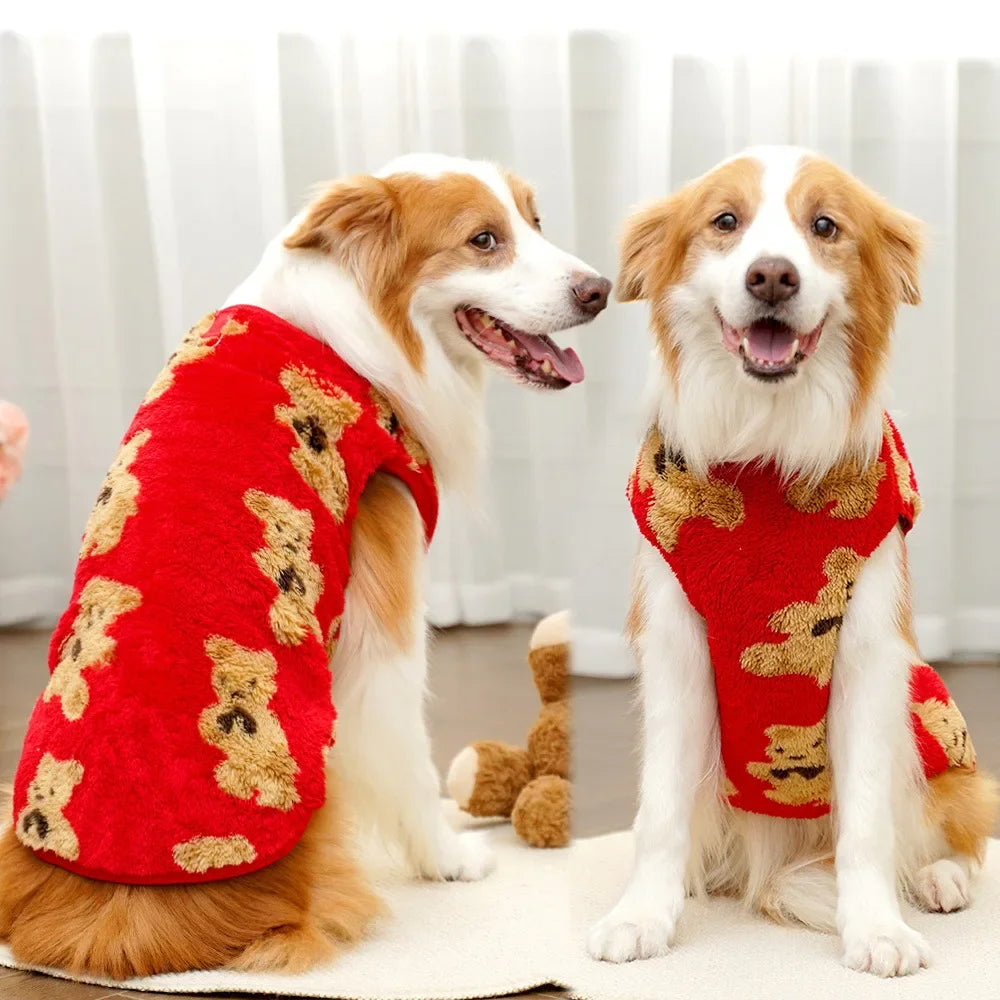 Two dogs wearing red sweaters with bear patterns sitting on a white floor.
