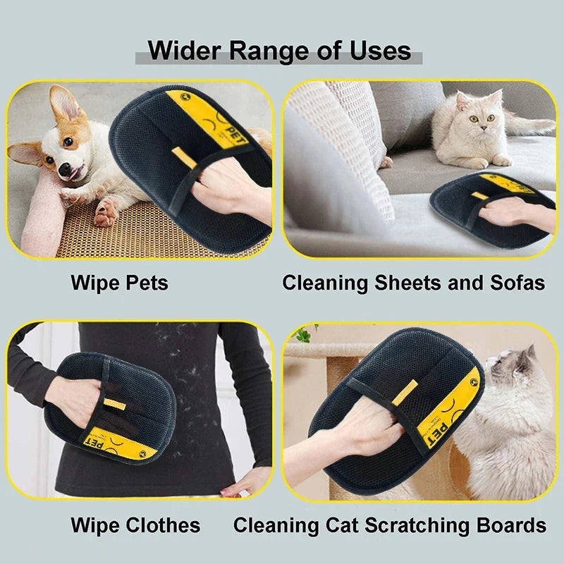 Product being used on pets, sheets, clothes, and scratching boards with text indicating its versatility.