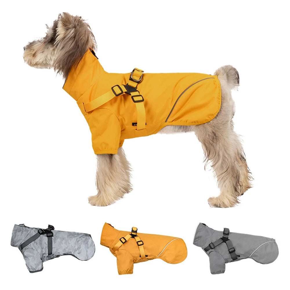 Dog wearing a yellow raincoat with two additional raincoat options displayed below on a white background.