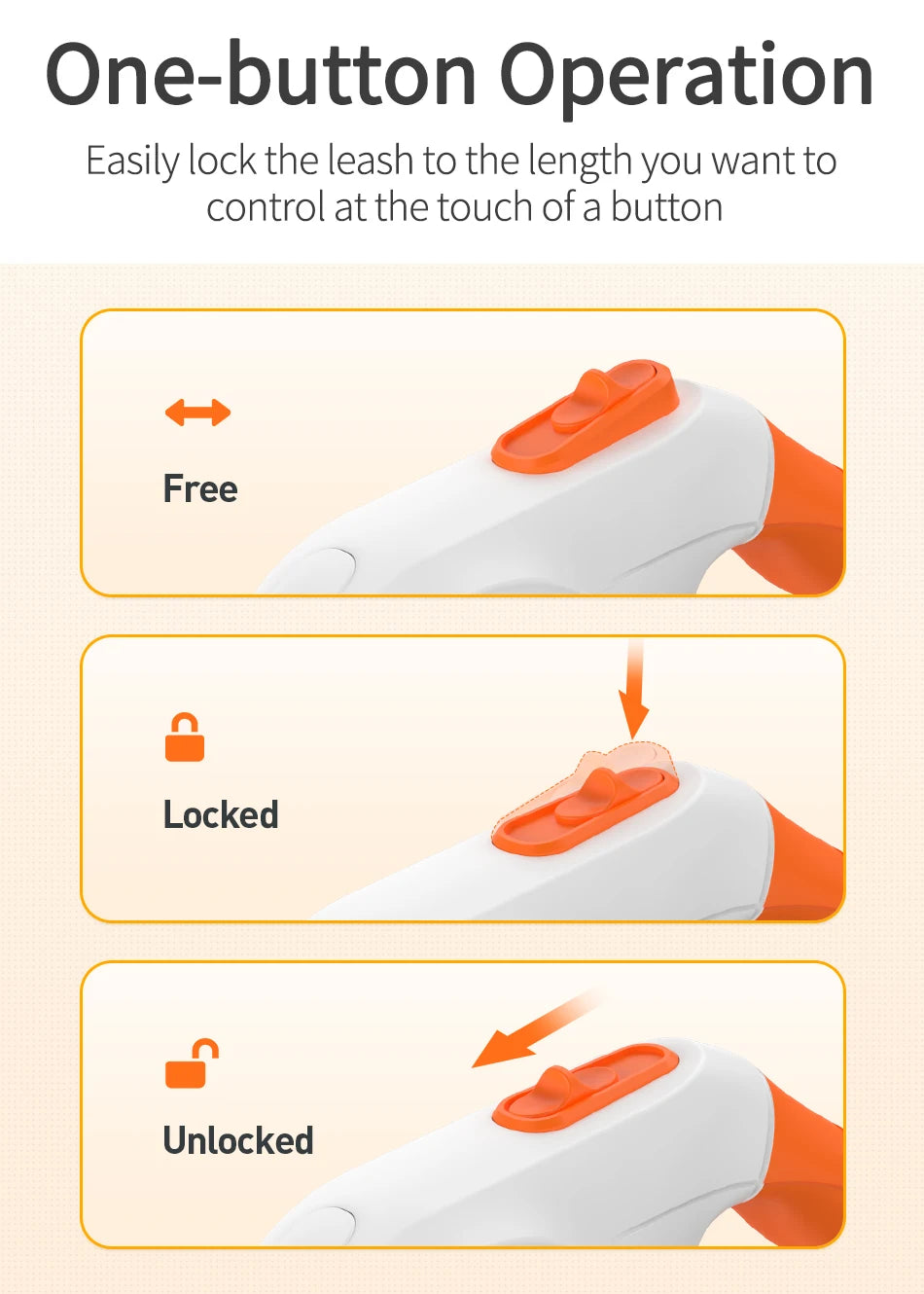 Illustration of a leash lock mechanism with 'Free', 'Locked', and 'Unlocked' states on a beige background.