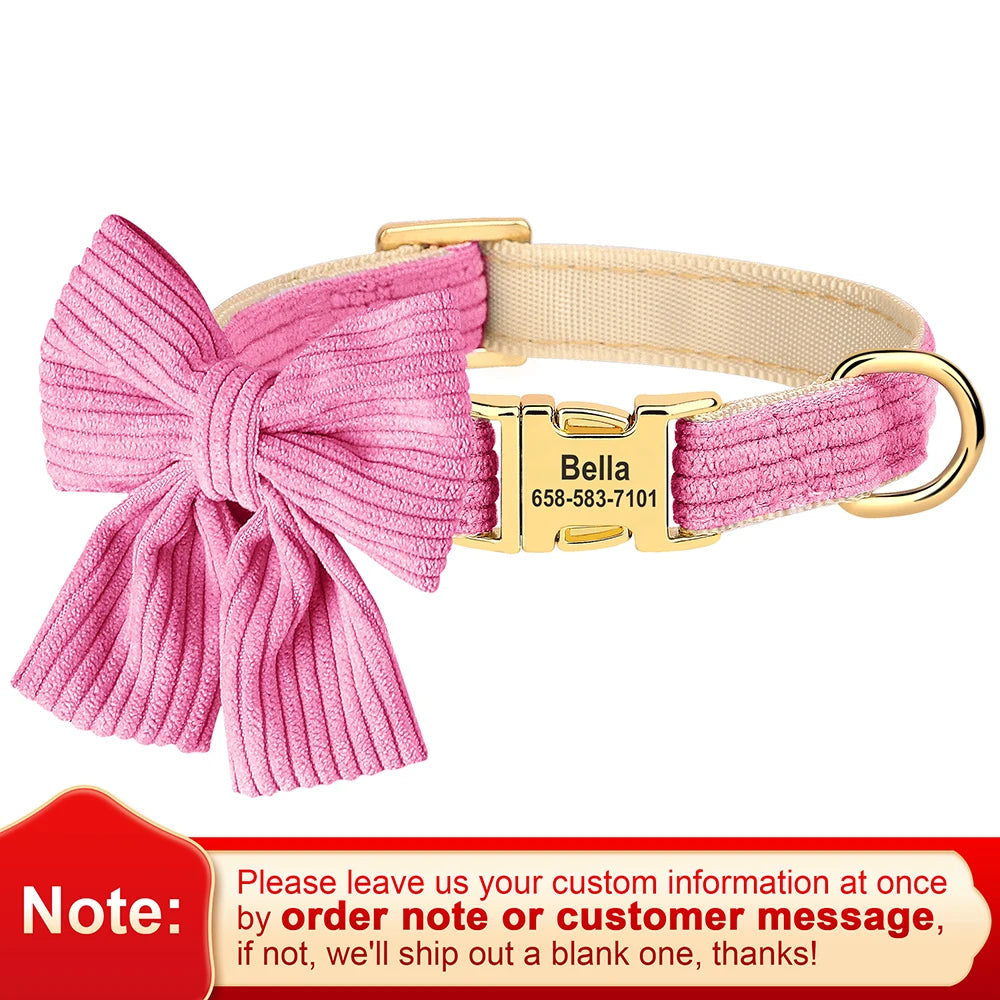 Dog collar with pink bow and gold buckle on a white background