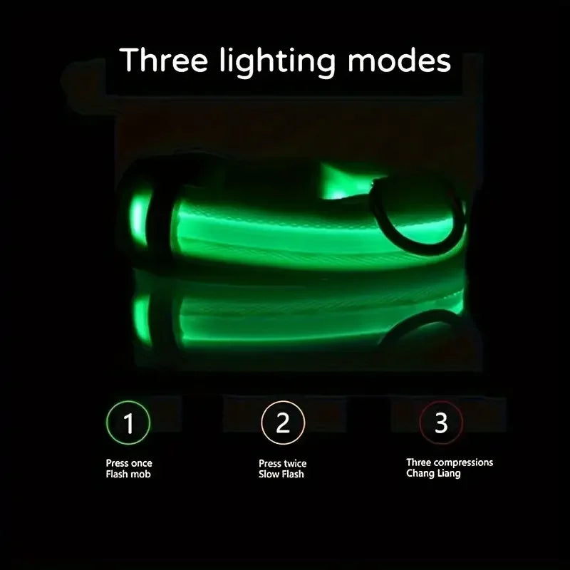 Green glowing dog collar with three lighting mode instructions on a black background