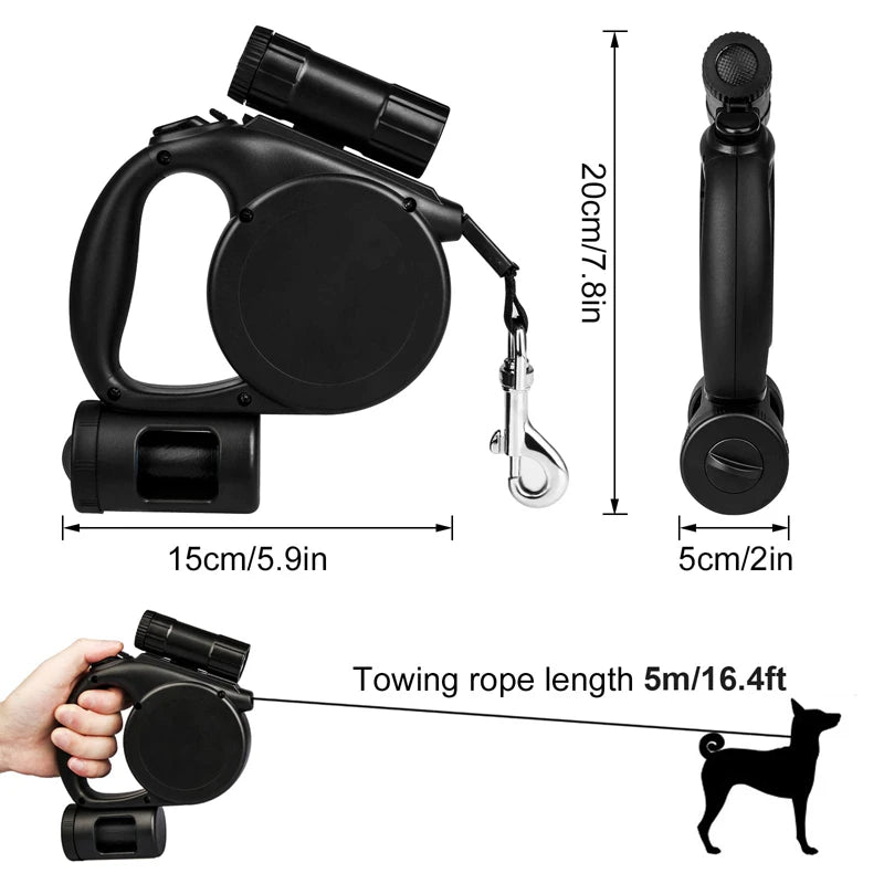 Retractable dog leash with measurements and usage illustration on a white background