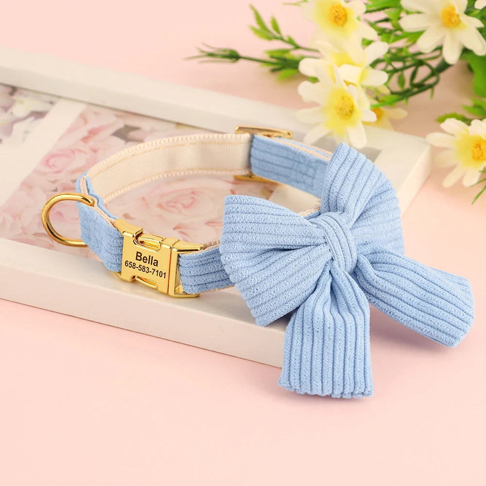 Blue bow-shaped dog collar with gold buckle on a pink surface with flowers in the background