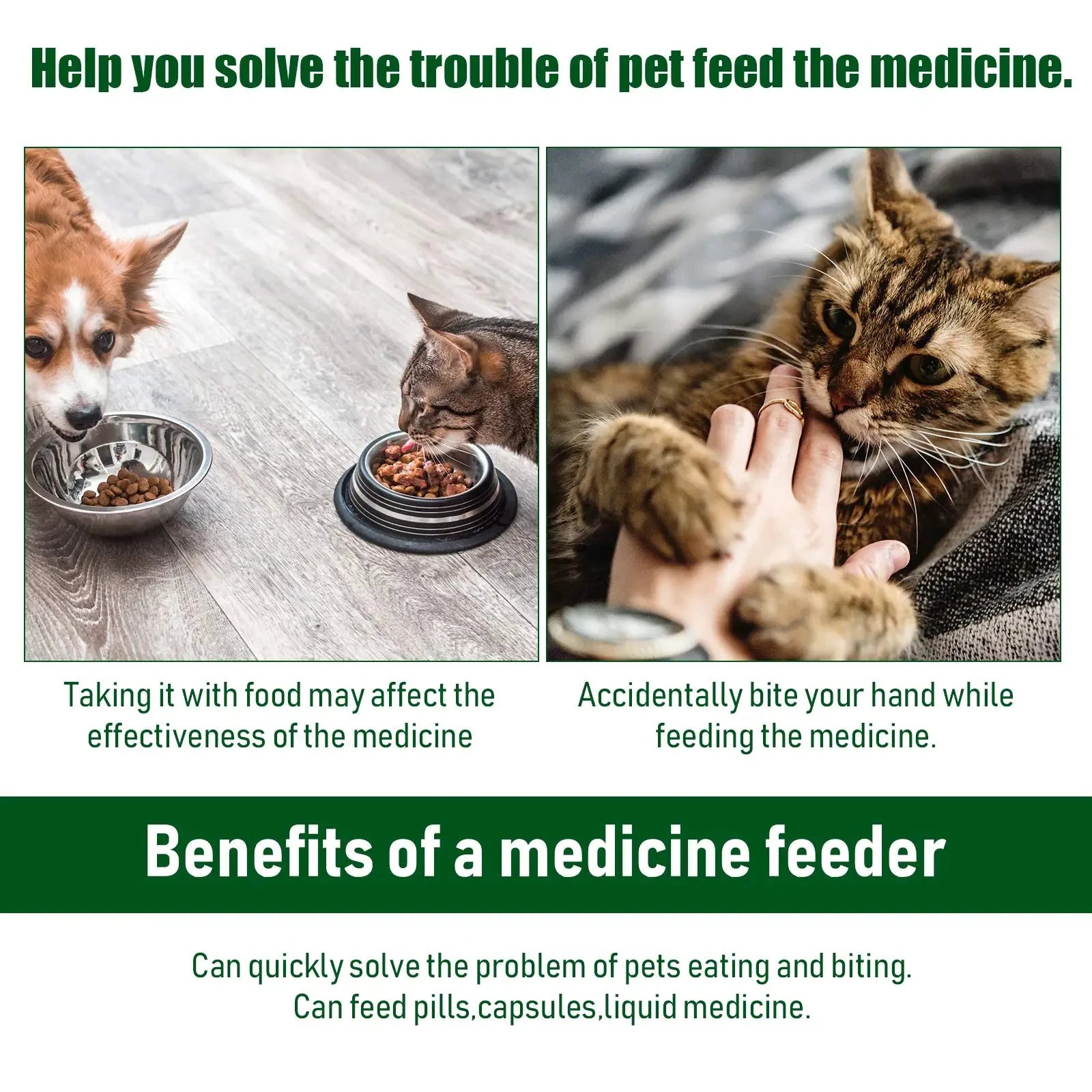 Advertisement for a medicine feeder with images of pets eating and a hand feeding a cat, highlighting the benefits of using a medicine feeder.