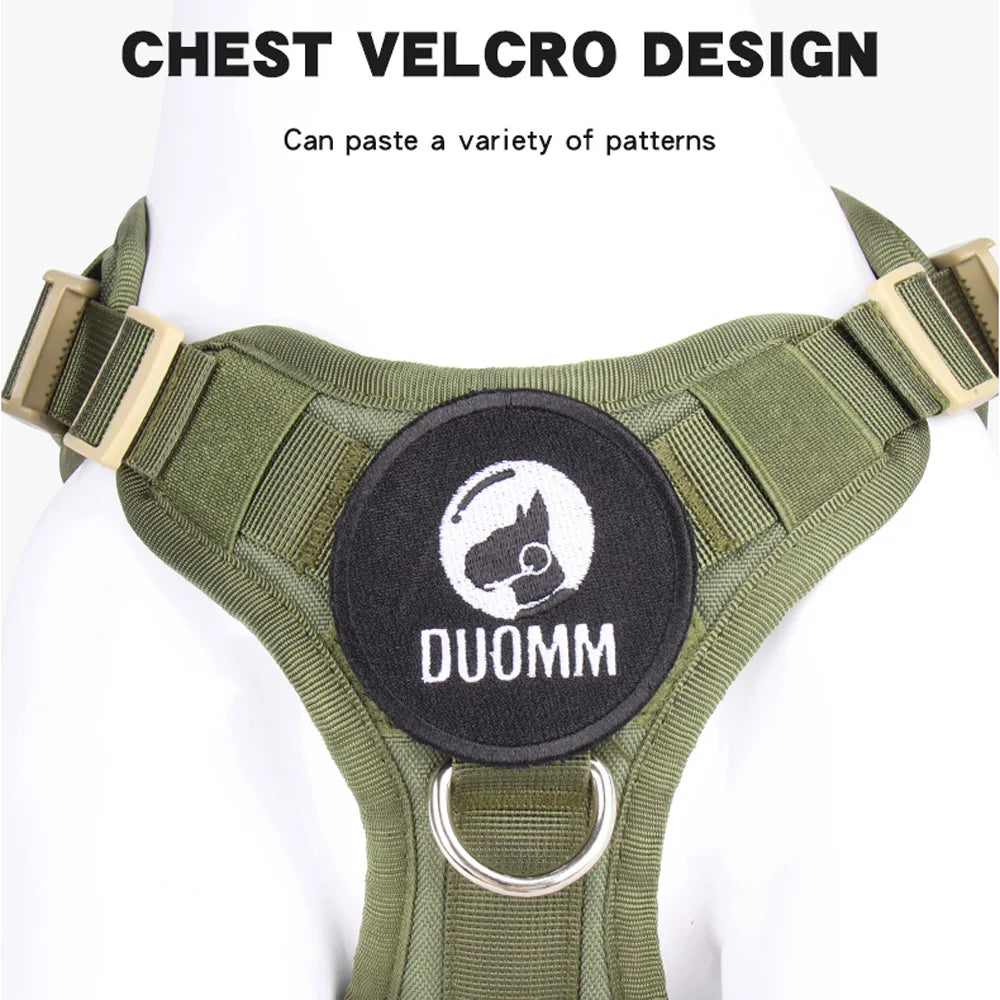 Green dog harness with chest velcro design and DUOMM logo on a white background