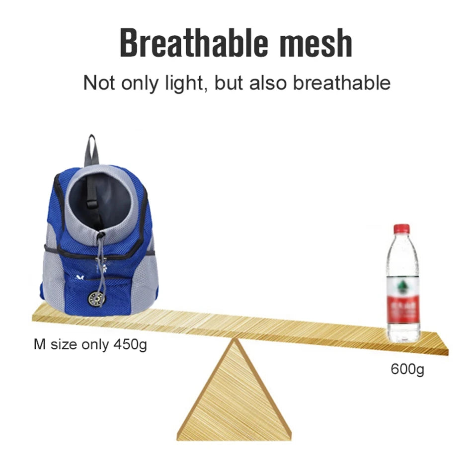 Blue pet carrier on a seesaw with a bottle, indicating its weight and breathability.