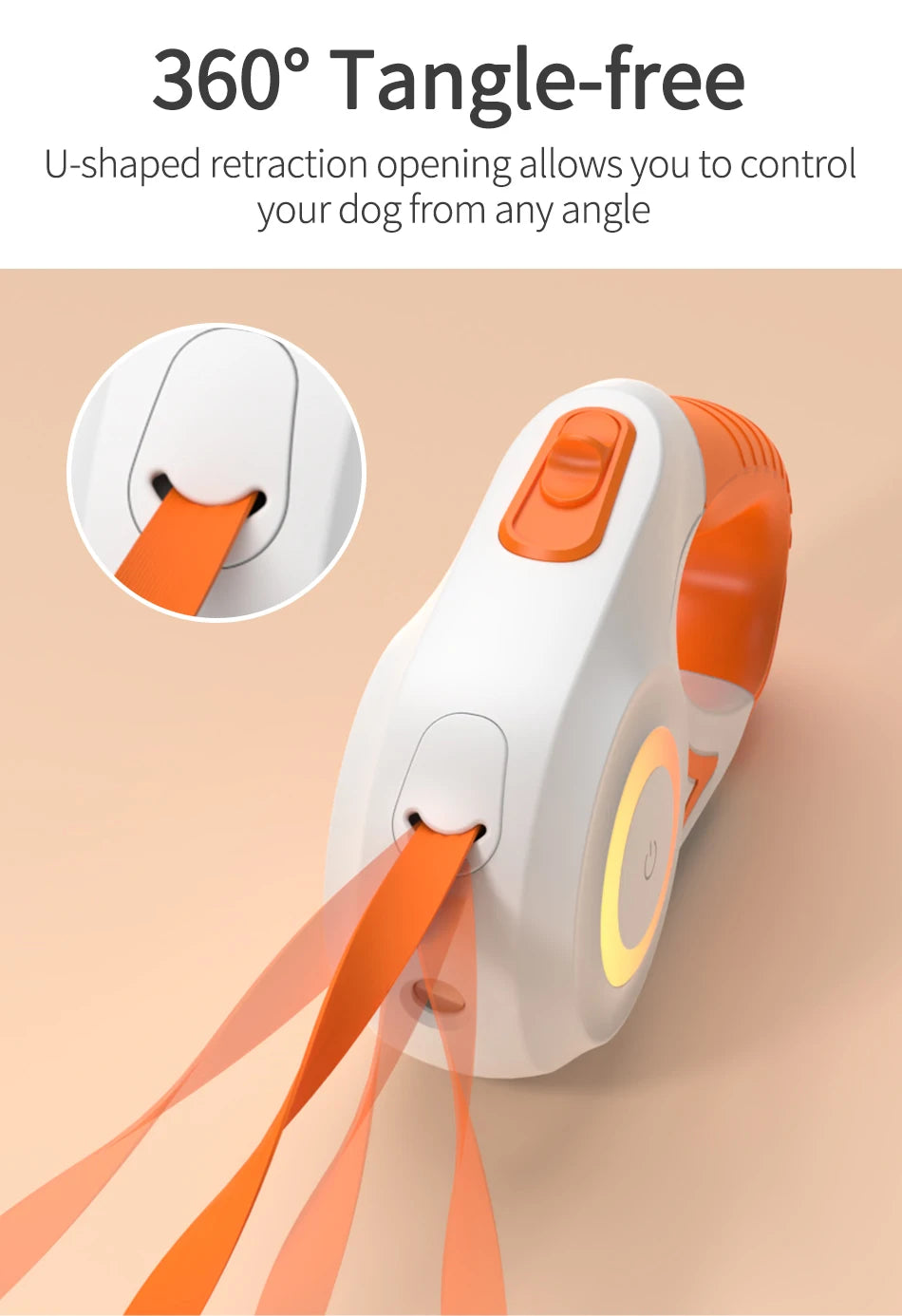 Dog leash retractor with 360-degree tangle-free feature on a beige background
