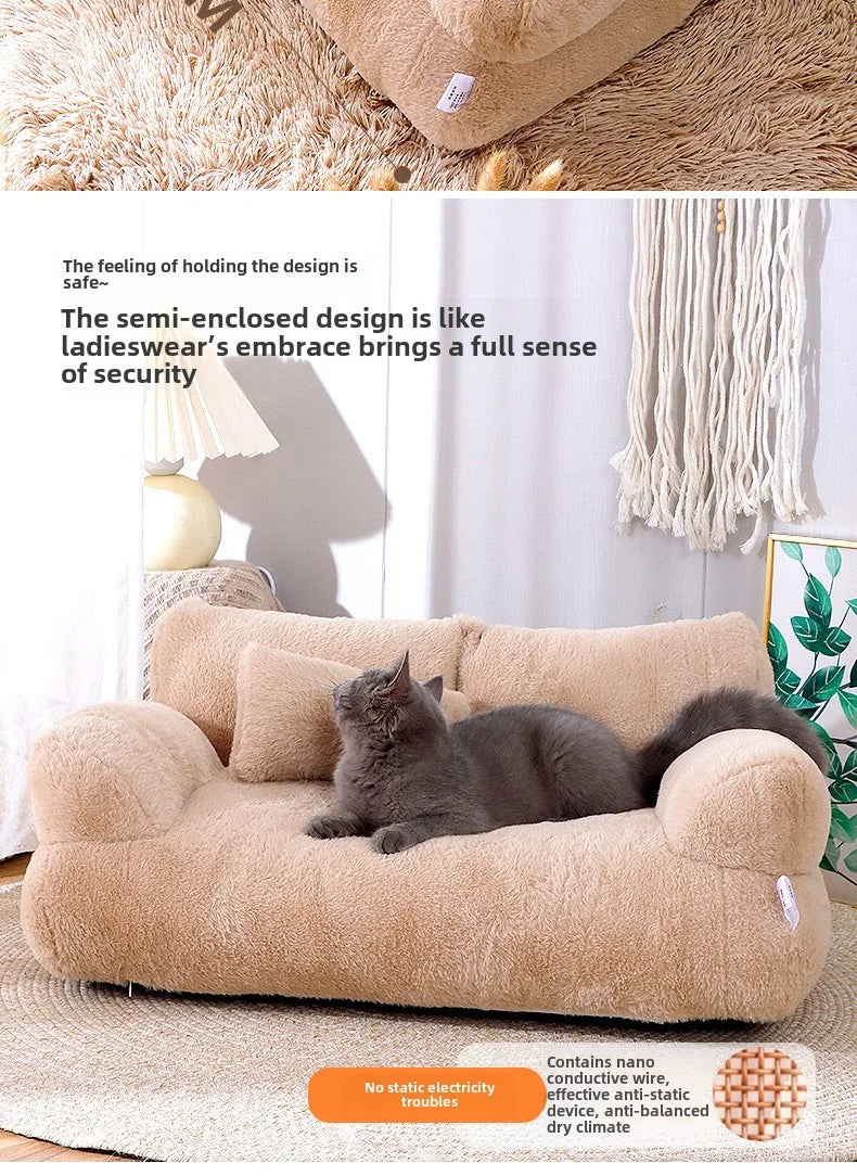 Cat lying on a beige pet bed with text describing its design and features.