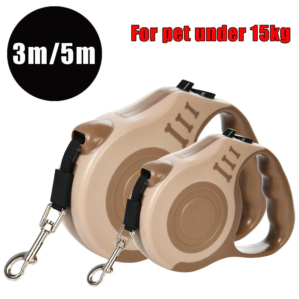 Two beige retractable dog leashes with black straps on a white background, labeled for pets under 15kg.