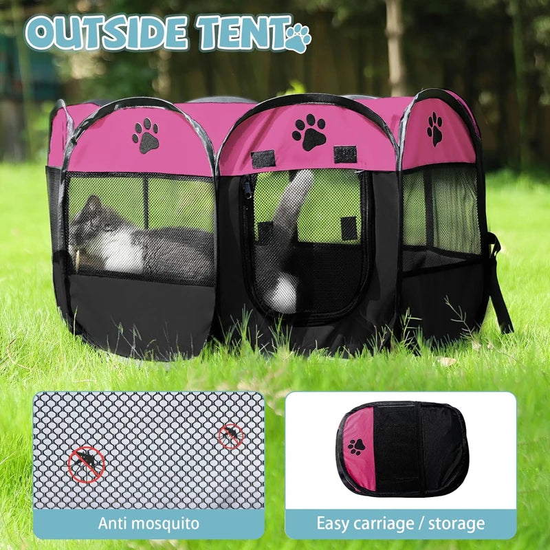 Pet playpen with pink top and black sides on grass, featuring anti-mosquito and easy carriage/storage features.