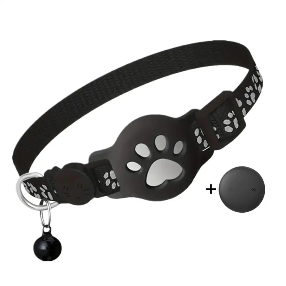 Black pet collar with paw design and bell on a white background
