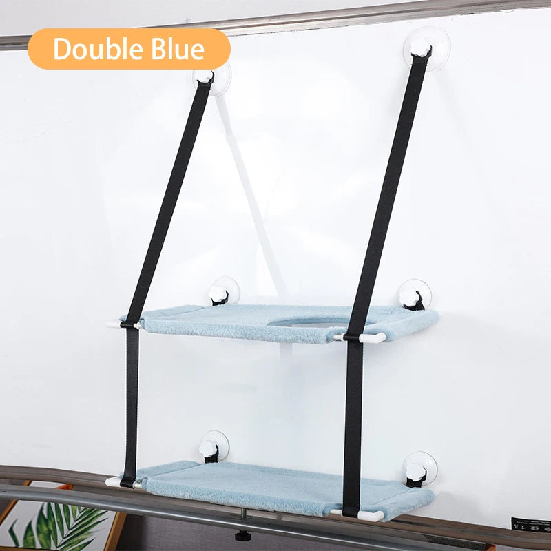 two tiered pet loungers blue with black support straps 