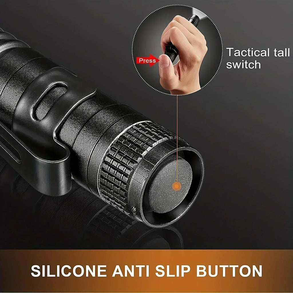 Black flashlight with tactical switch and silicone anti-slip button on a dark background