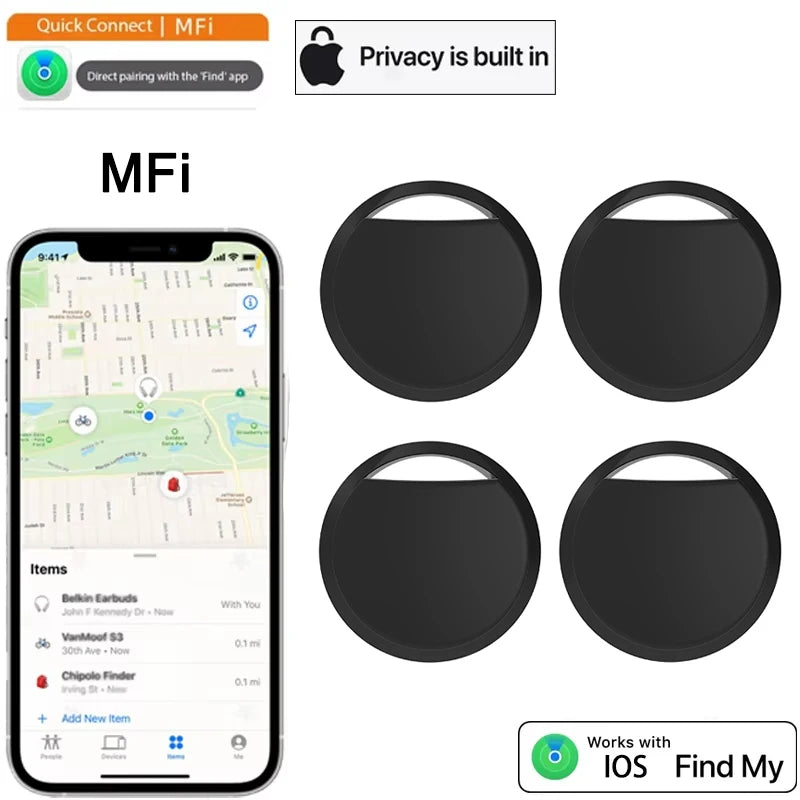 Black circular devices with smartphone app interface showing location tracking on a white background