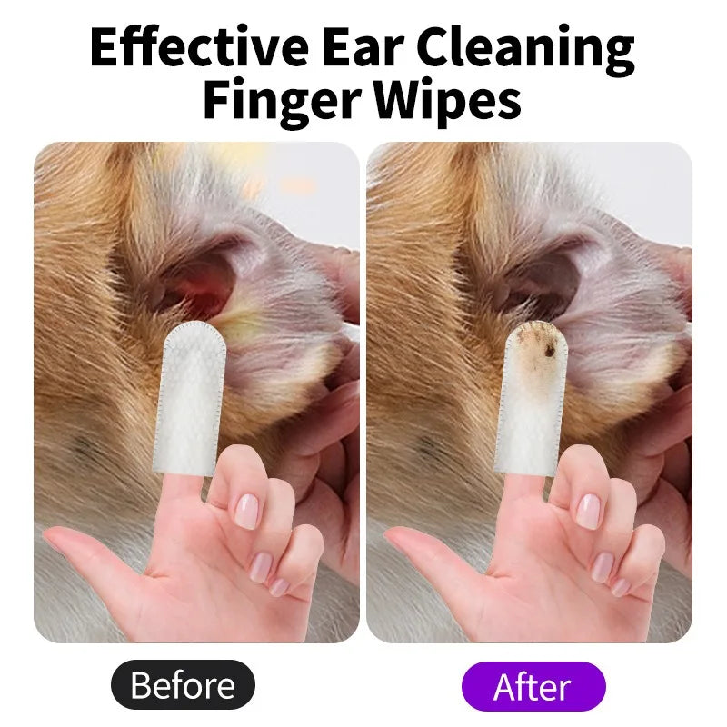 Before and after using ear cleaning finger wipes on a dog's ear.
