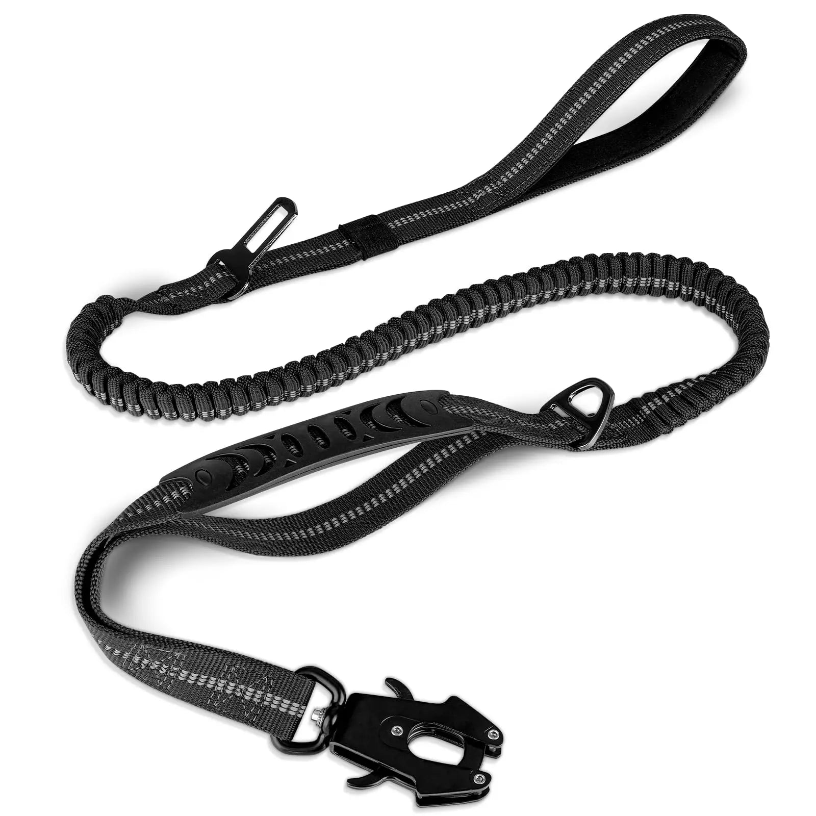 Black dog leash with handle and clip on a white background
