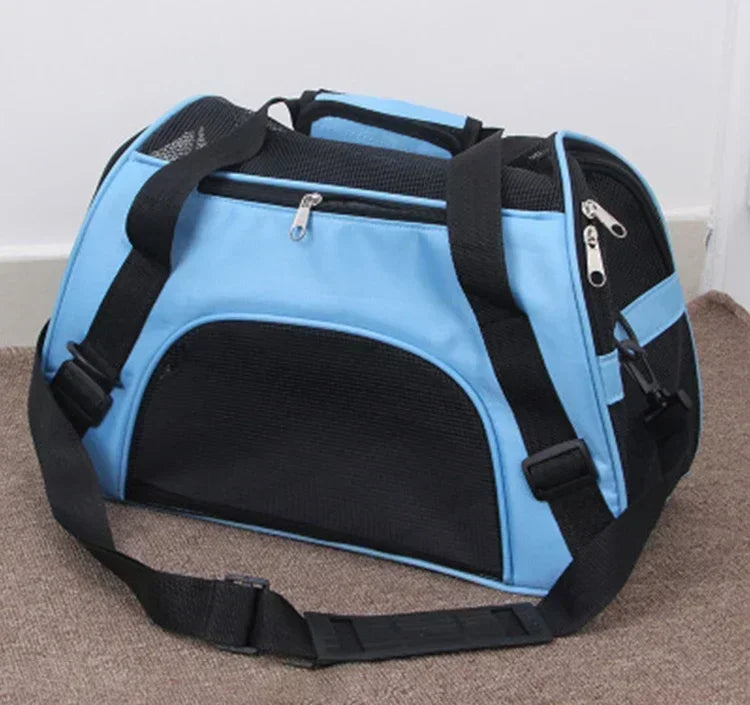 Blue pet carrier with black straps on a carpeted floor