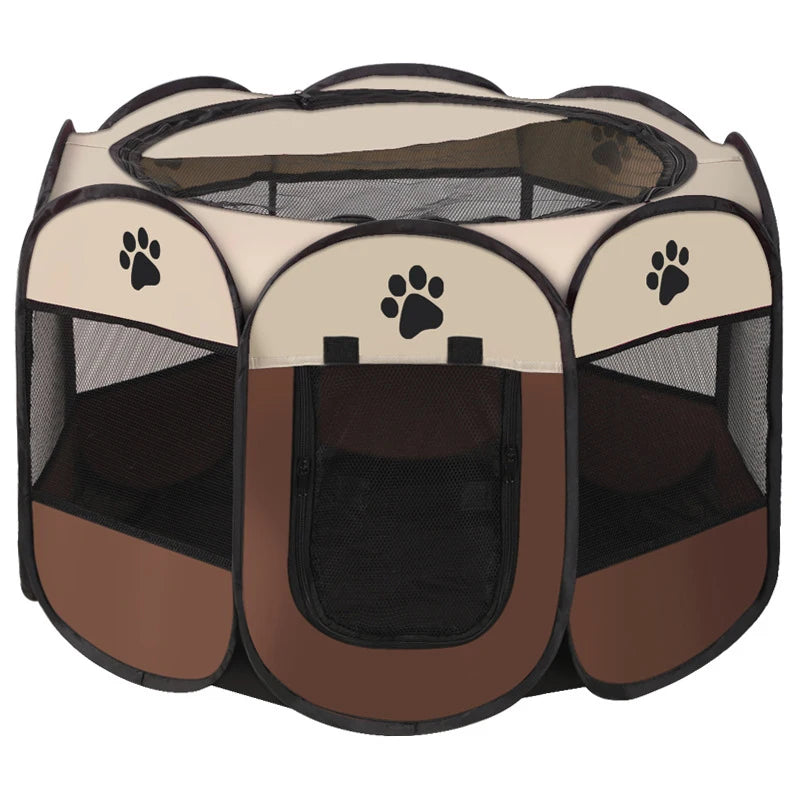 Pet playpen with brown and beige color scheme on a white background