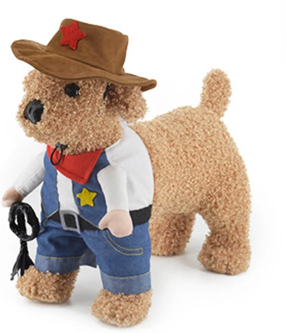 Dog toy dressed as a cowboy with a star hat, vest, and overalls on a white background