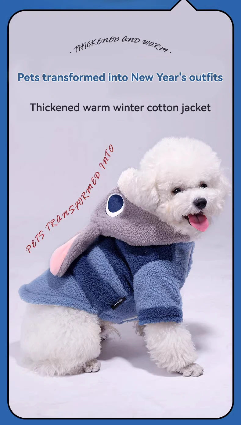White dog wearing a blue winter coat with text about New Year's outfits and thickened warm cotton jackets.