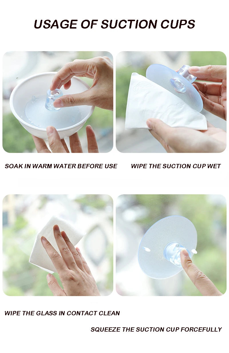 Instructions for using suction cups with images of hands performing actions.