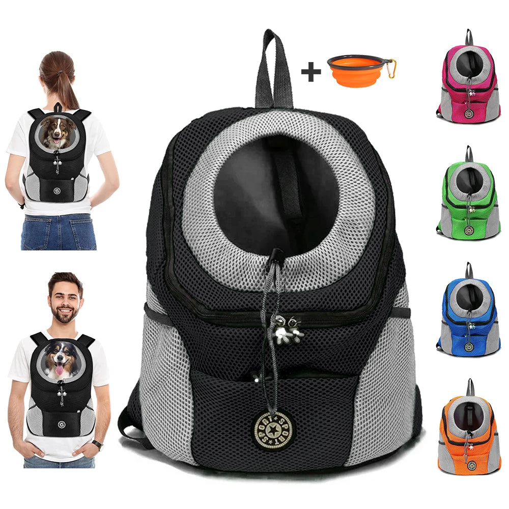 Pet carrier backpack with additional small bags displayed on a white background