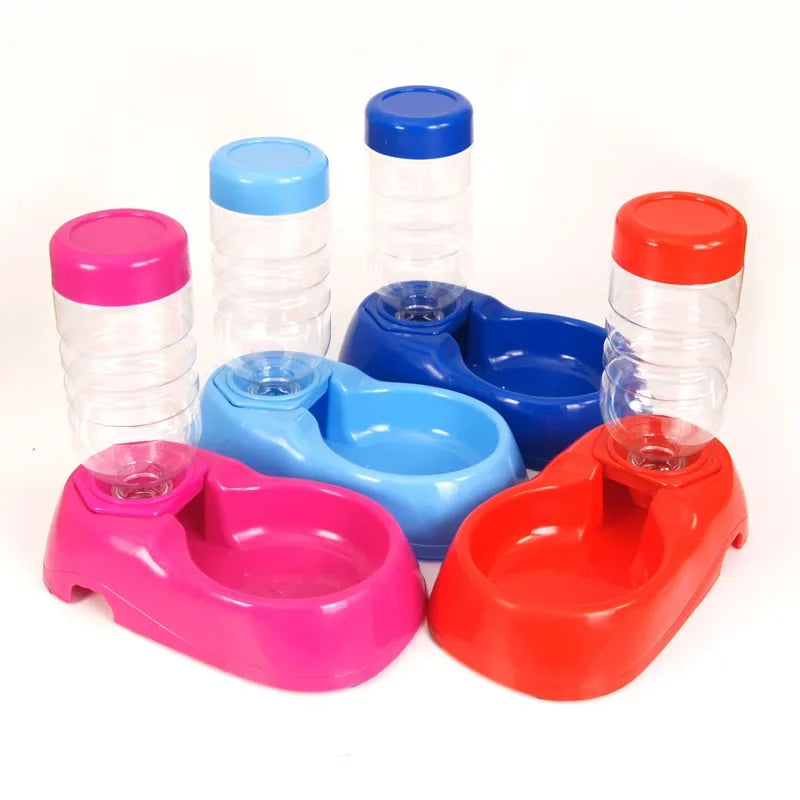 Colorful pet feeding and water bowls set on a white background