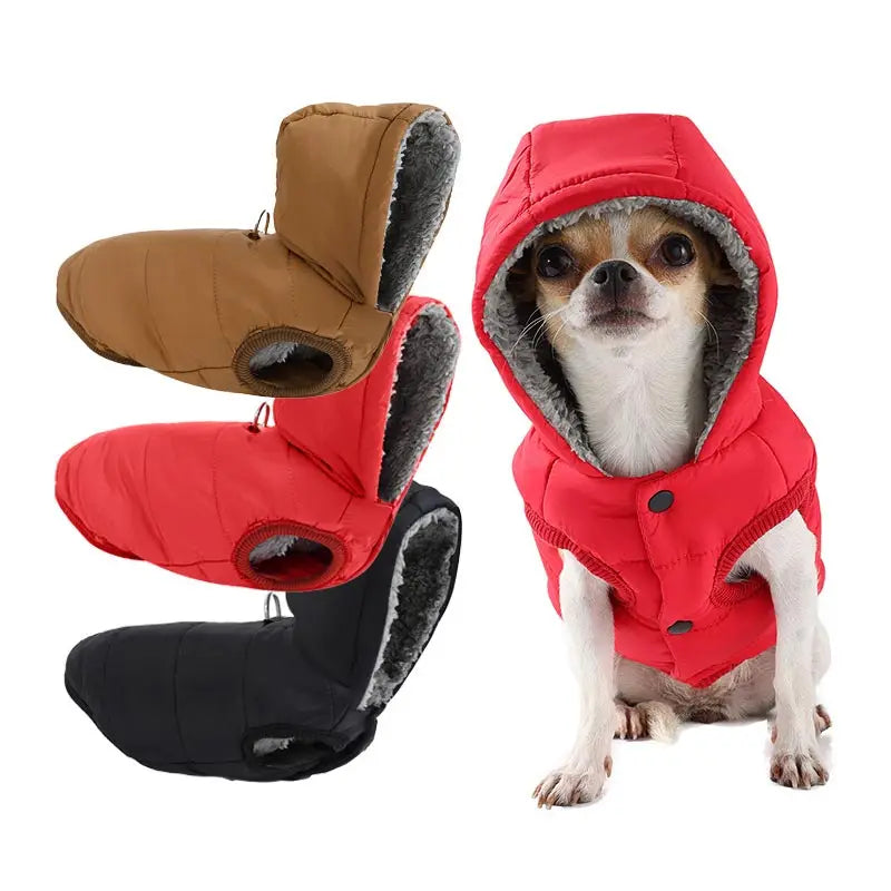 Dog wearing a red hooded coat with three different colored coats displayed next to it.