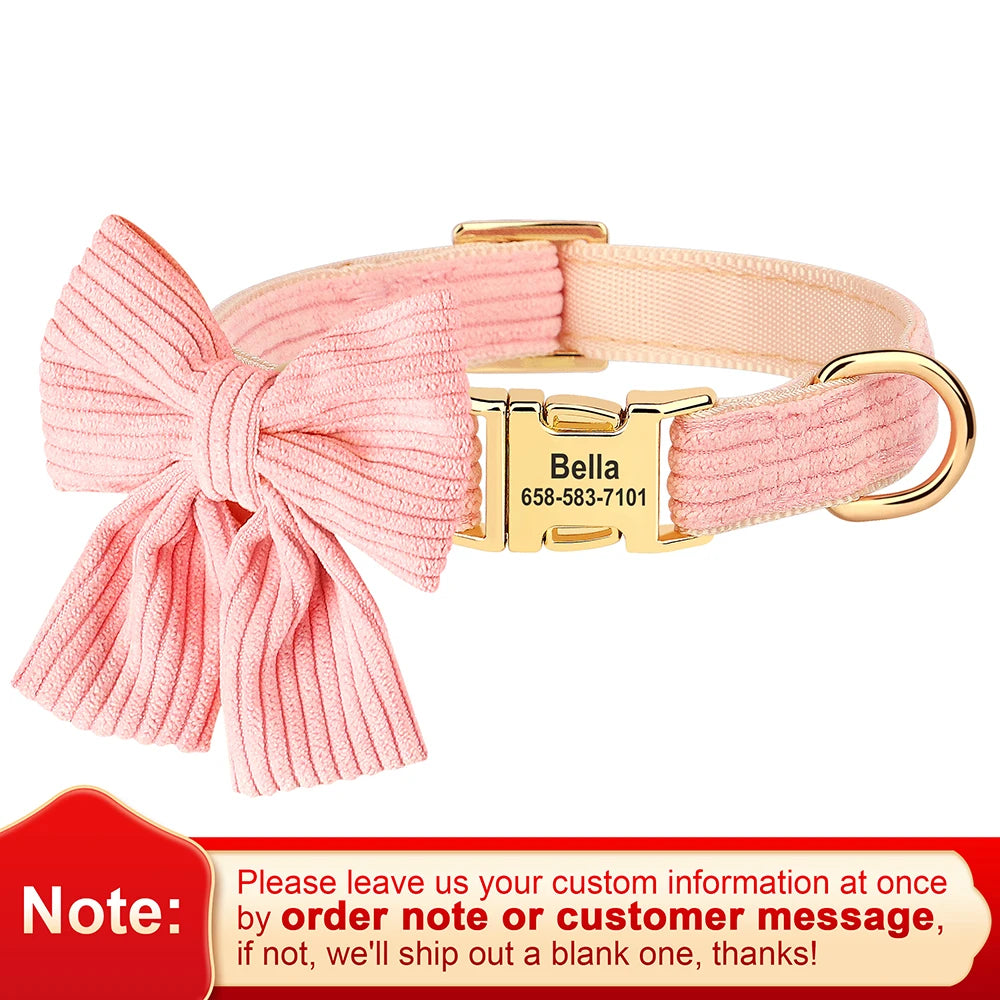 Pink dog collar with a large bow and gold buckle on a white background