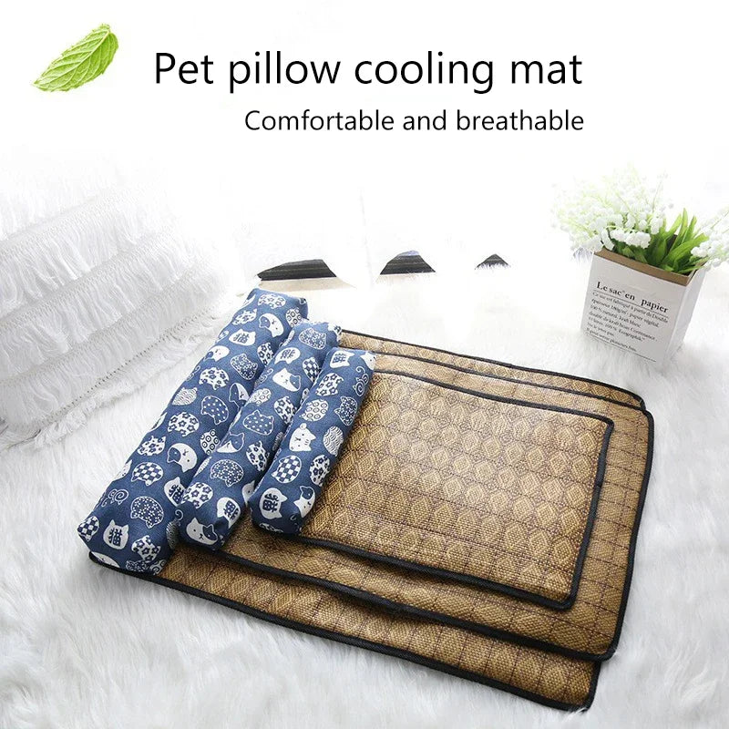 Pet cooling mat with a pattern on a white surface, labeled as comfortable and breathable.